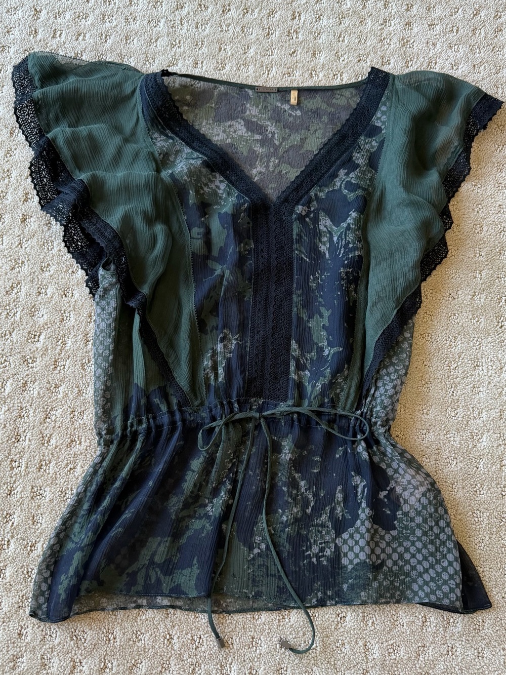 NWOT Elie Tahari Sheer Silk Green & Black Flutter Sleeve Blouse